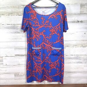 Top It‎ Off  Blue Red Stretch Short Slv Front Pockets Knee Length Sheath Dress L